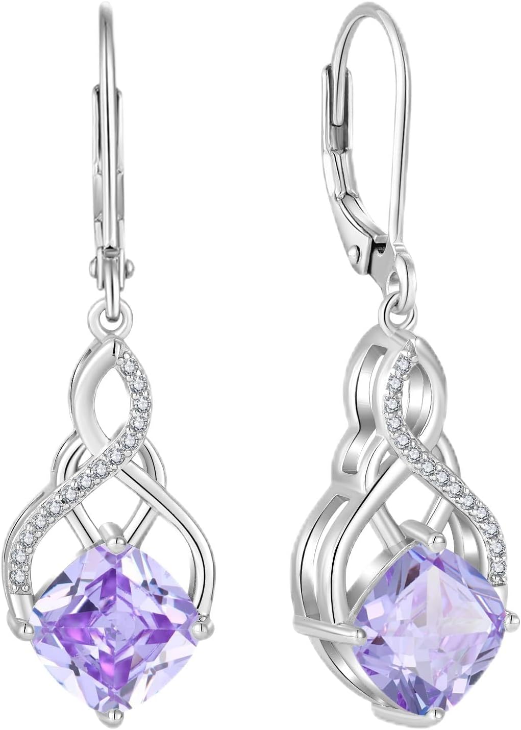 Princess Cut Leverback Dangle Drop Earrings 925 Sterling Silver Infinity Knot Earrings Birthstone Jewelry Gifts for Women