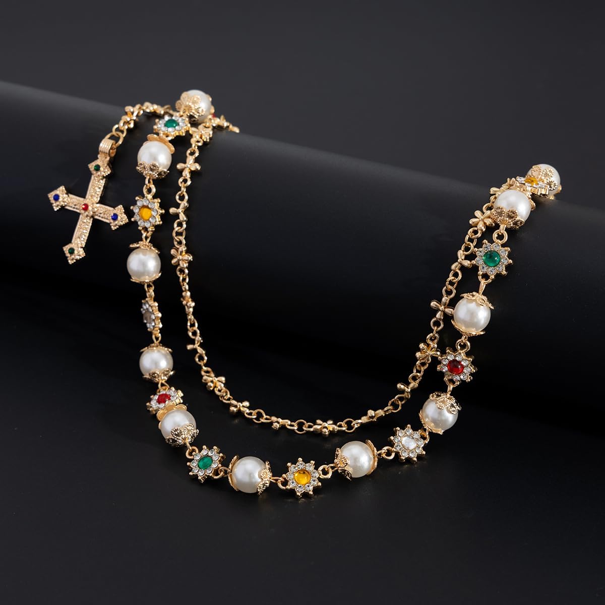 Layered Daisy Pearl Wallet Chain Rhinestone Flower Heart Cross Bag Charms Keychain Pants Jean Chains for Women Men - Image 6