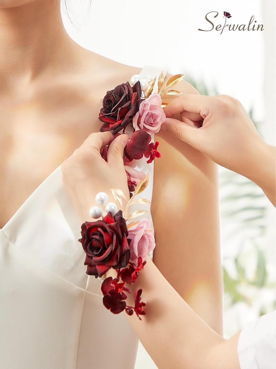 Serwalin Corsage and Boutonniere Set, Burgundy Wrist Corsage for Prom and Boutonniere for Men Wedding Artificial Flowers Rose Flowers for Homecoming Wedding Accessories - Image 6