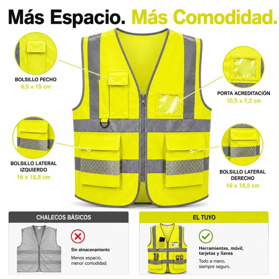 Chaleco Reflectante con Bolsillos y Cremallera Pack 2 Unidades | Chaleco Reflectante Homologado DGT Alta Visibilidad ISO 20471 | Chaleco Seguridad Trabajo Coche Moto Bicicleta Talla L Universal