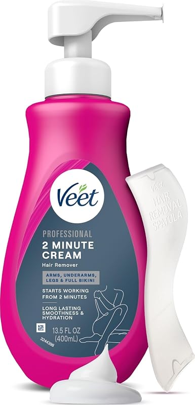 Professional 2 Minute Cream for All Skin Types with Shea Butter, Effective Full Bikini & Pubic Hair Removal, Dermatologically Tested, 13.5 FL OZ Bottle w/Spatula