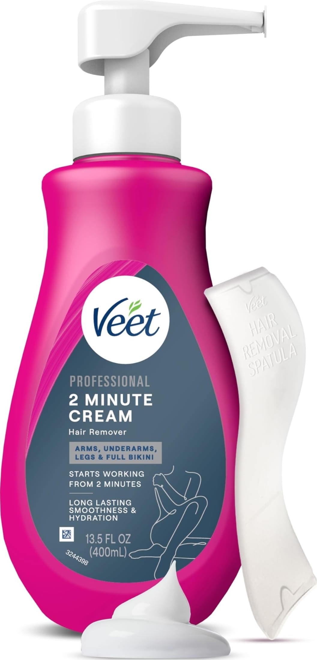 VEET Professional 2 Minute Hair Removal Cream For All Skin Types with Shea Butter | Painless Full Bikini Hair Removal, Pubic Hair Removal Gel | Dermatologically Tested | 13.5 FL OZ Bottle with Spatula