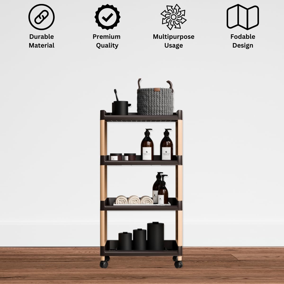 Morbrix 4 Tier Plastic Multipurpose Storage Organizer Shelves, Kitchen Storage Trolley Rack with Wheels, Rolling Utility Cart, Storage Organizer Rack Shelf for Kitchen, Home, Office (Brown & Ivory) 1