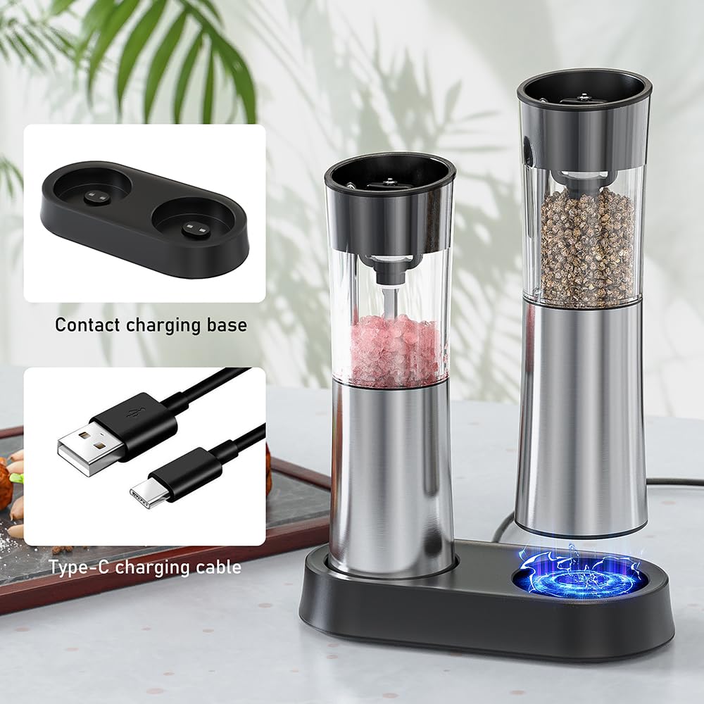 Electric Salt and Pepper Grinder Set [Upgraded Larger Capacity] Gravity Pepper Grinder-USB Rechargeable Automatic Pepper Mill Grinder,One Handed Operation,Stainless Steel Construction,LED Light