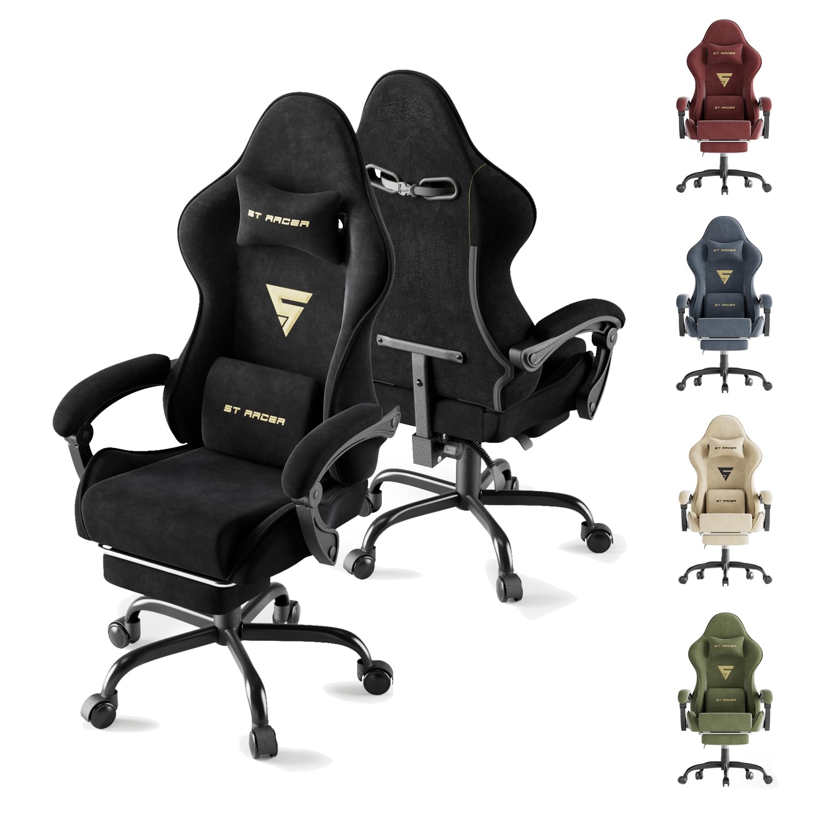 Ferghana Silla Gaming Silla Gaming con Masajeador, Silla Ergonómica de Terciopelo para Juegos, Silla Gamer con Lumbar, Reposapiés, Silla de Oficina, Capacidad de Peso de 250 Libras, Negro