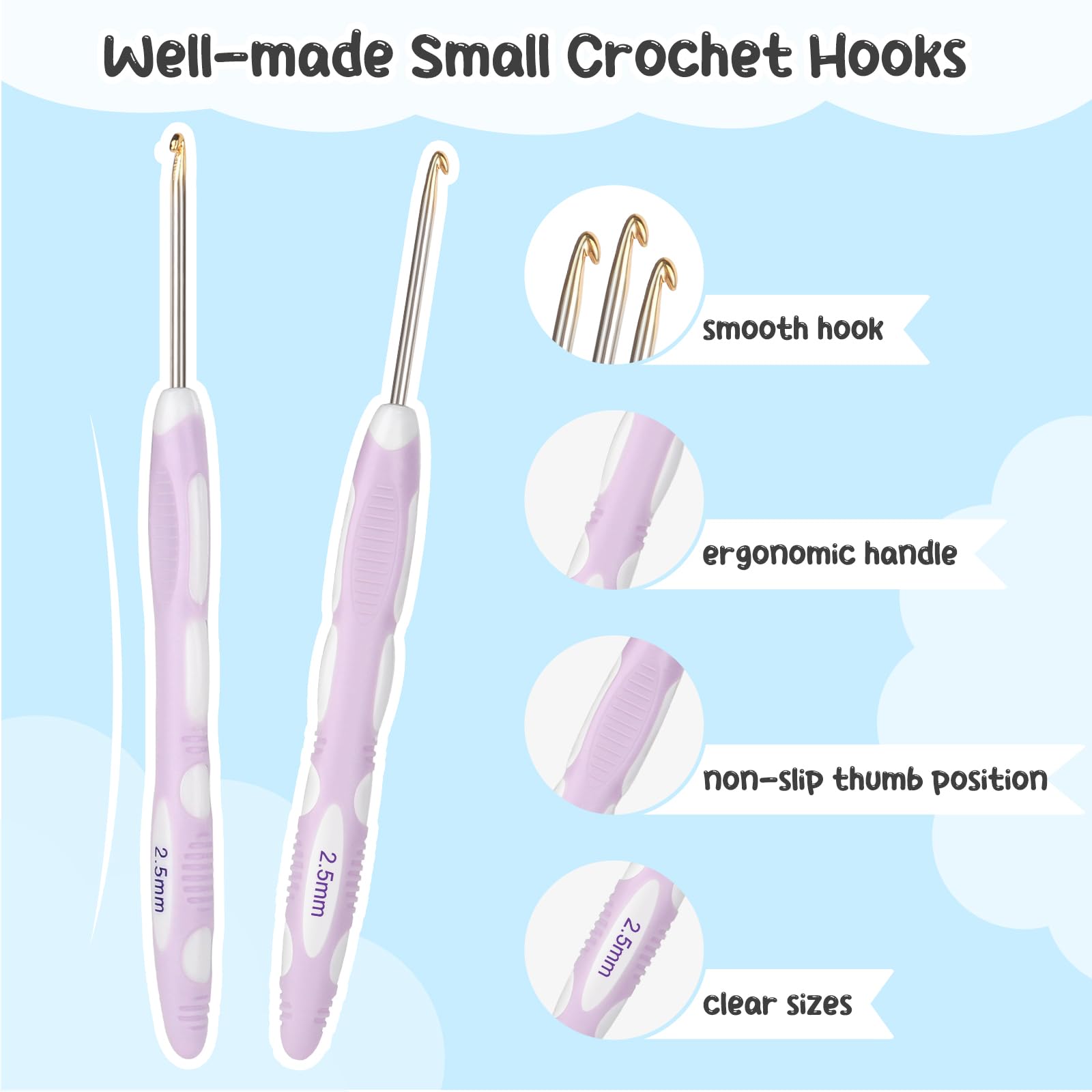 Set 9 Uncinetti Per Pizzo - Misure 0.8-2.75mm, Con Impugnatura Ergonomica, Per Lavori Fini E Principianti - Foto 6