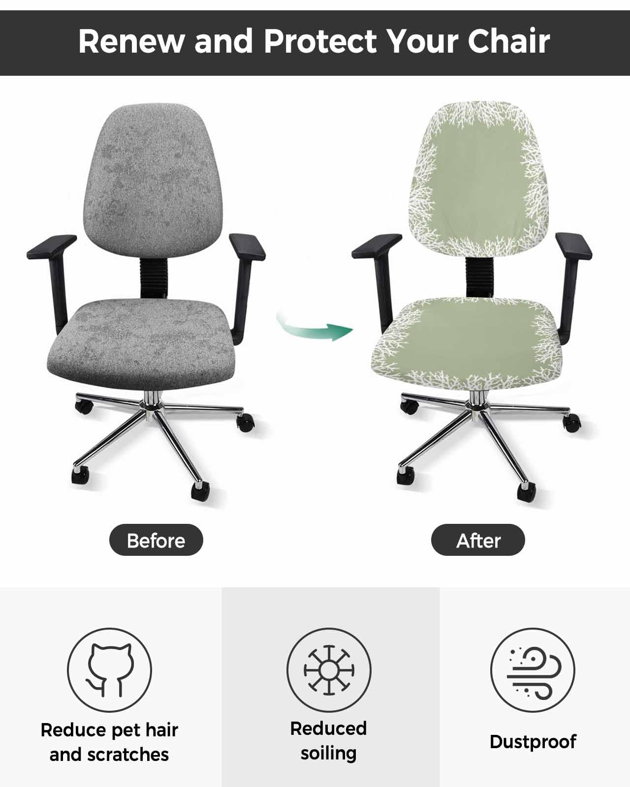 Sage Green Coral 2 Pieces Computer Office Chair Covers Set,Stretchable Desk Rotating Chair Seat Cushion Slipcover Back Covers,Minimalist Coastal Nautical Marine Life Slipcover Back Cover Protector