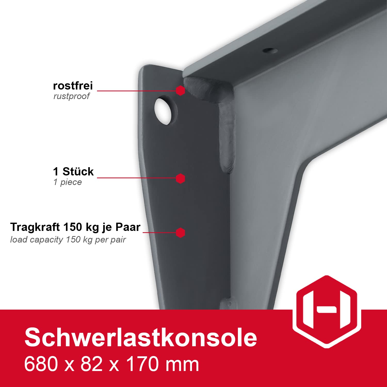 Gedotec Winkel-Schwerlastträger Metall Regalträger - MIRA | Tiefe: 680 mm | Schwerlast-Konsole Tragkraft 150 kg | Regalkonsole Stahl grau | Materialstärke 6 mm | 1 Stück - Wandkonsole für Regalböden