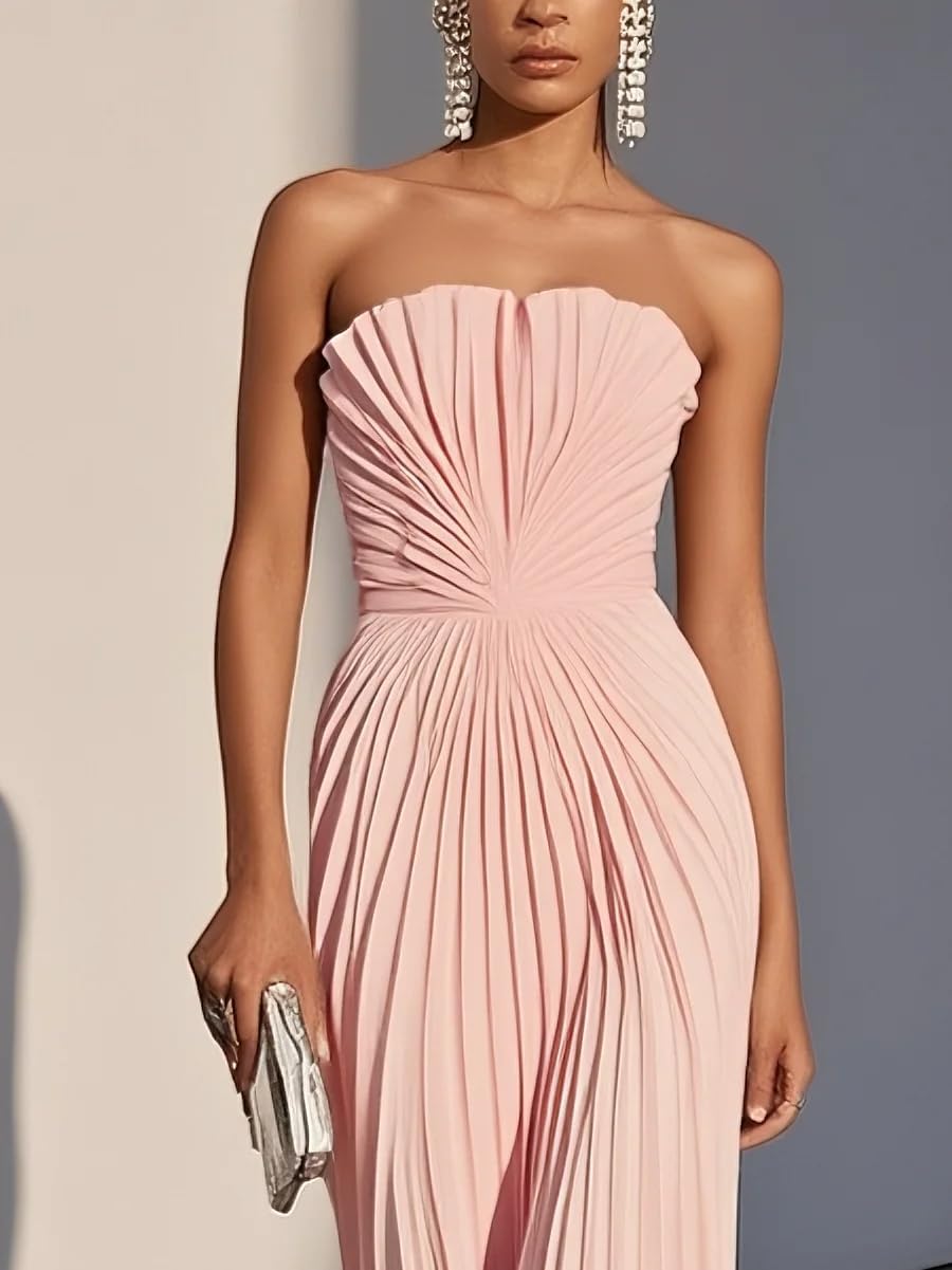 Cudiew Strapless Satin Wedding Guest Dresses Pleated A Line Long Formal Evening Cocktail Dress for Women - Image 3