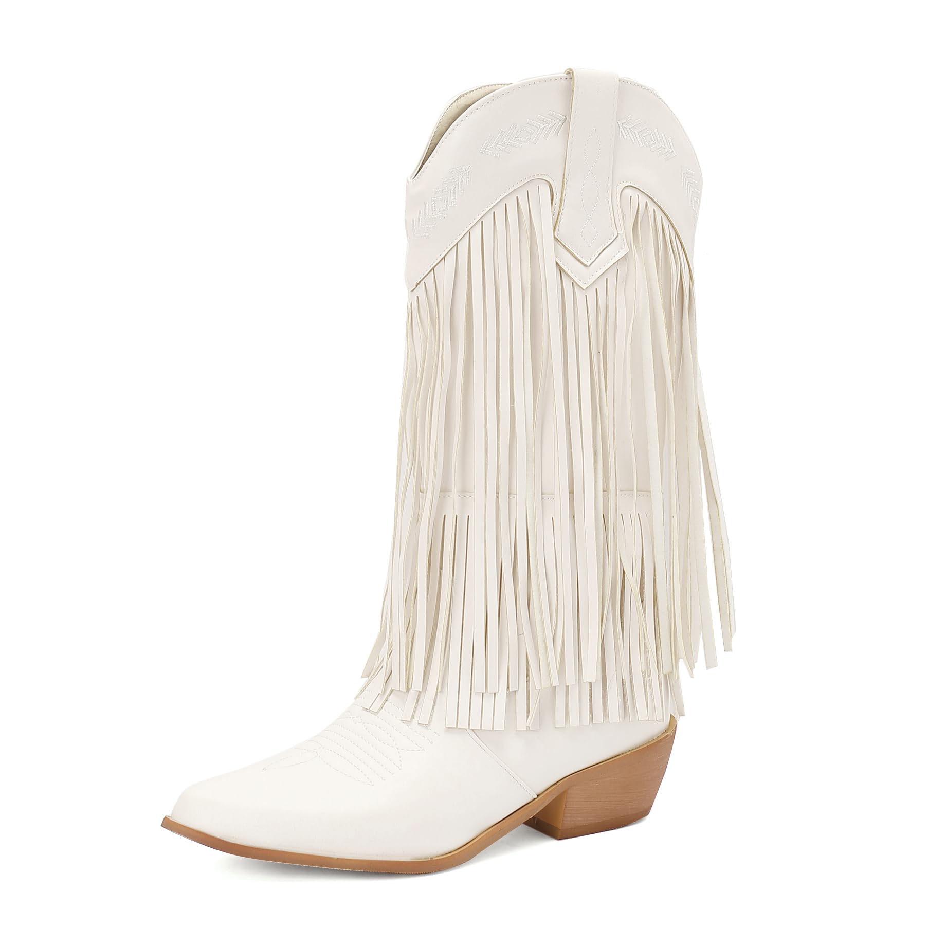 SoundSky Womens Western Cowboy Boots with Fringe Embroidered Pull On Mid-Calf Boots