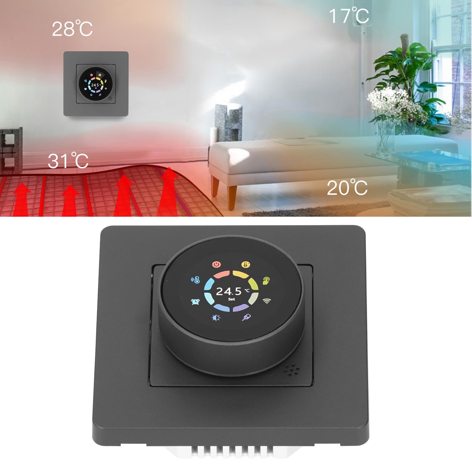 Yosoo Health Gear Inteligentny Termostat Ognioodporny Cyfrowy Termostat PC 95 do 245 V AC 16A Pokrętło Dotykowe LCD 41 do 95F Zakres ustawień dla Domowego Hotelu Biuro Ogrzewanie Elektryczne