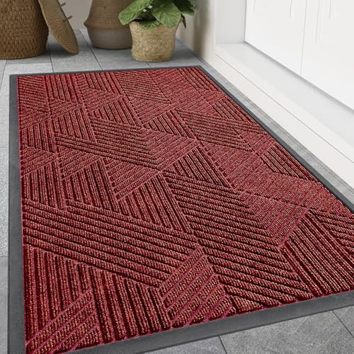 Image of Smiry Front Door Mat Outside Entrance, Heavy Duty Sturdy Natural Rubber Doormat, Trap Dirt and Moisture, Easy Clean Low Profile Mats for Indoor Outdoor Entry, Irregular Triangle (47x32, Deep Red)
