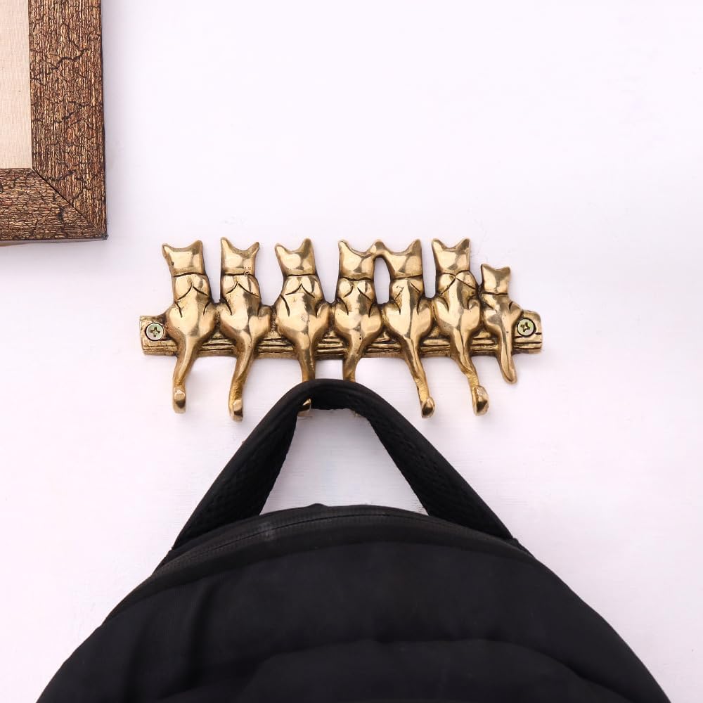 Indian Shelf Decorative Premium Brass Cat Wall Hooks for Hanging Keys Gold Vintage Kids Coat Backpack Hangers Purse Holder- 1 Piece