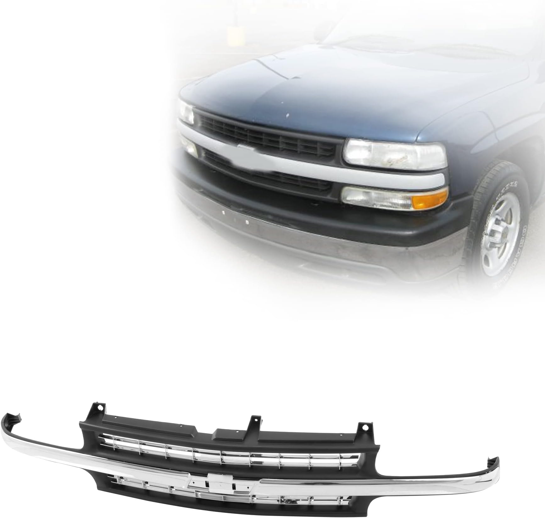 Front Grille Grill Chrome Black Compatible With CHEVROLET 1999-2002 Silverado 1500 2500 & 2000-2006 Suburban 1500 2500 Tahoe GM1200424 15764313