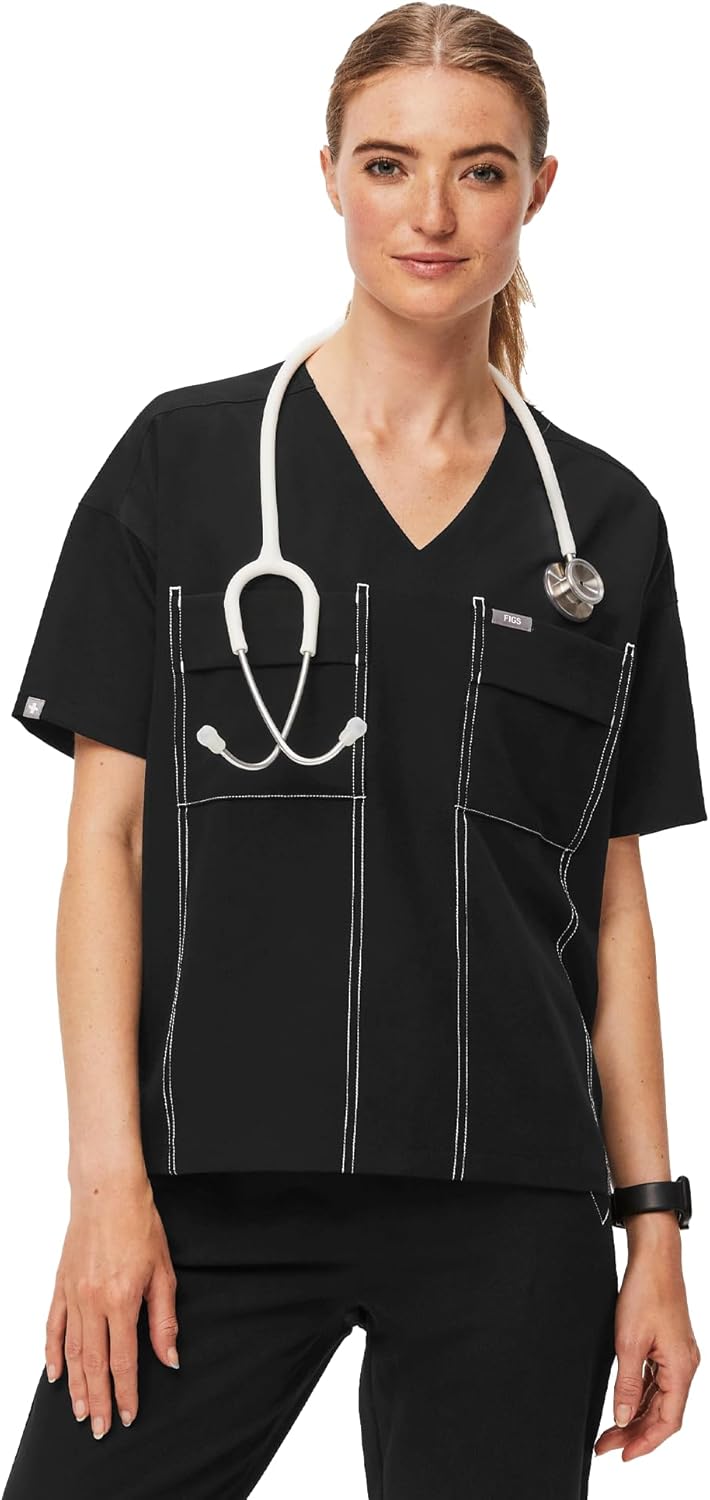 FIGS Bello Cargo Scrub Top for Women — Oversized Fit, V-Neck, Two Pockets, Back Yoke, 4-Way Stretch — Amazon Exclusive