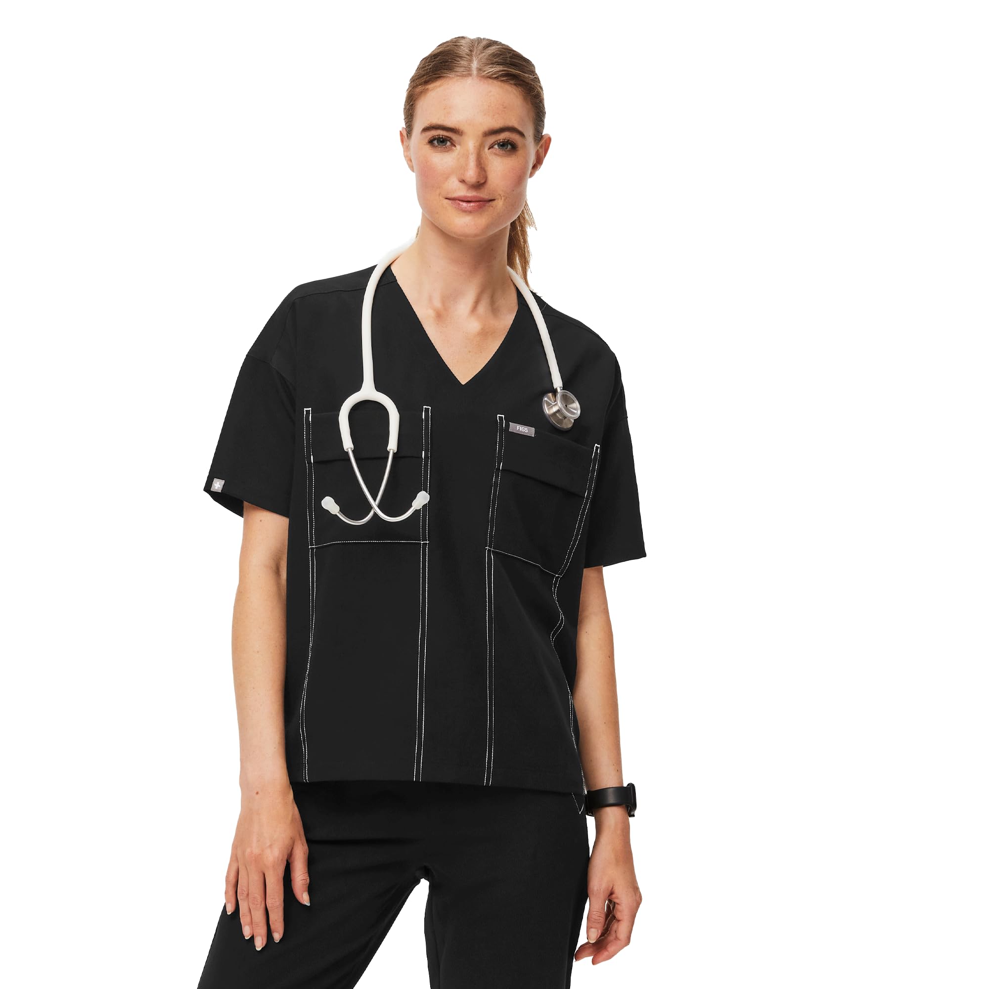 FIGSBello Cargo Scrub Top for Women — Oversized Fit, V-Neck, Two Pockets, Back Yoke, 4-Way Stretch, Anti-Wrinkle