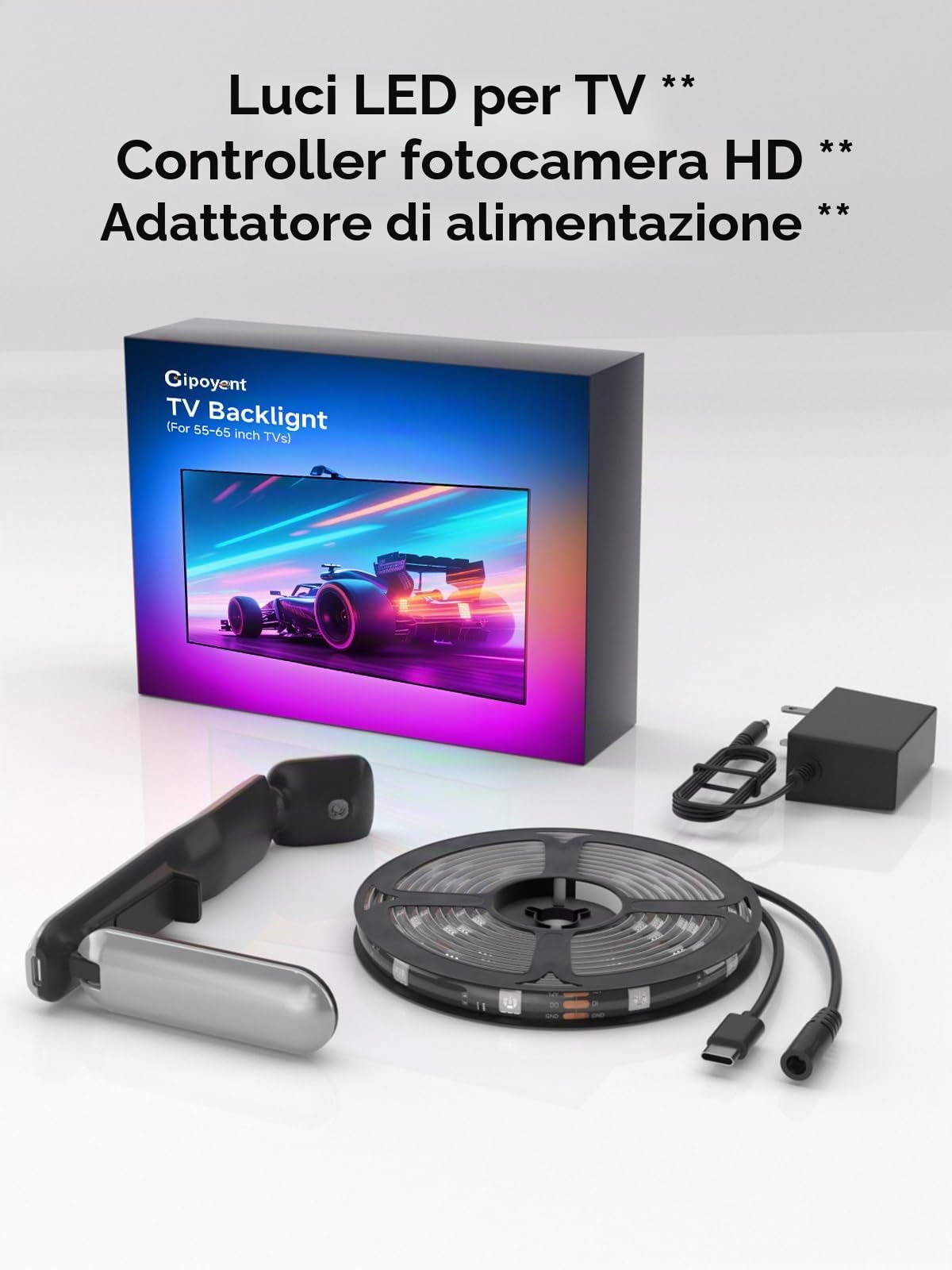 GIPOYENT - Retroilluminazione LED per TV con fotocamera, luci RGB da 3,2 metri che cambiano con TV da 32-50 pollici, luce LED di sincronizzazione musicale con controllo intelligente dell'app, striscia