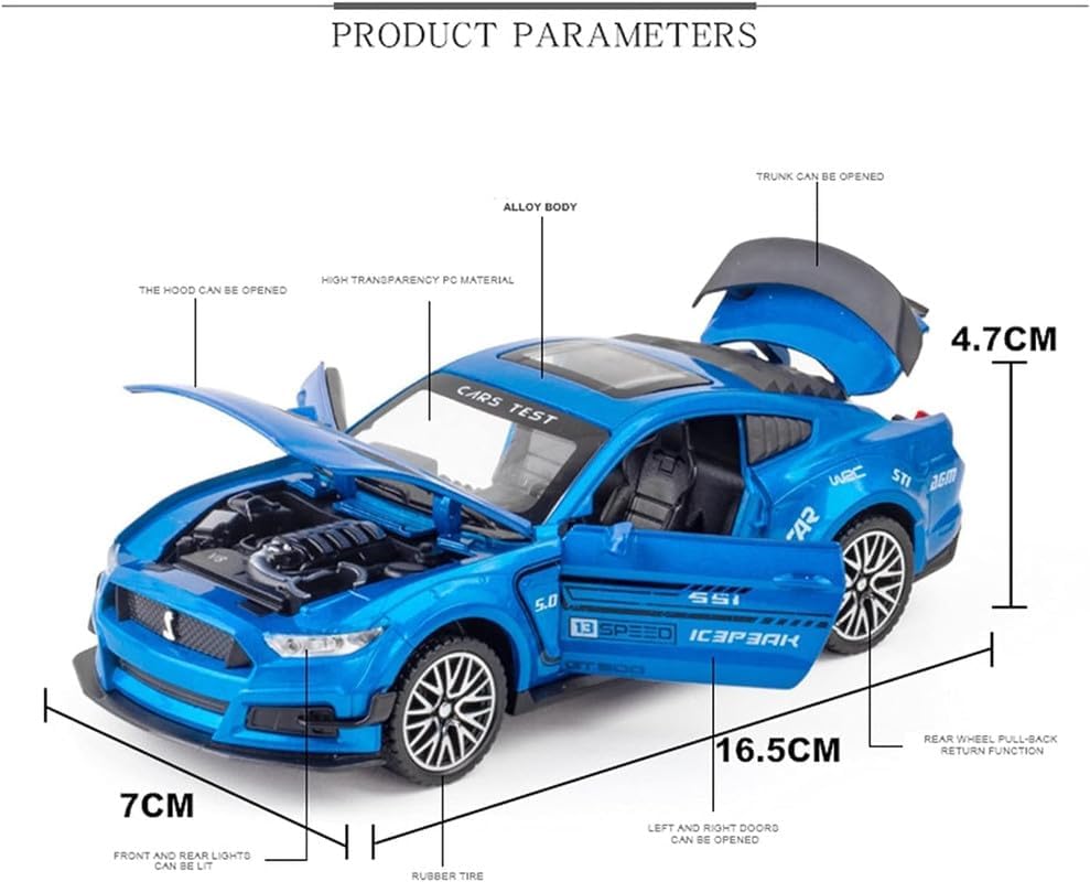 Image of Kids Model 1:32 Mastang Die Cast Metal Car Pull Back Action Opening Doors with Realistic Engine Sound Lights Toy Car Gift for Boys - Blue