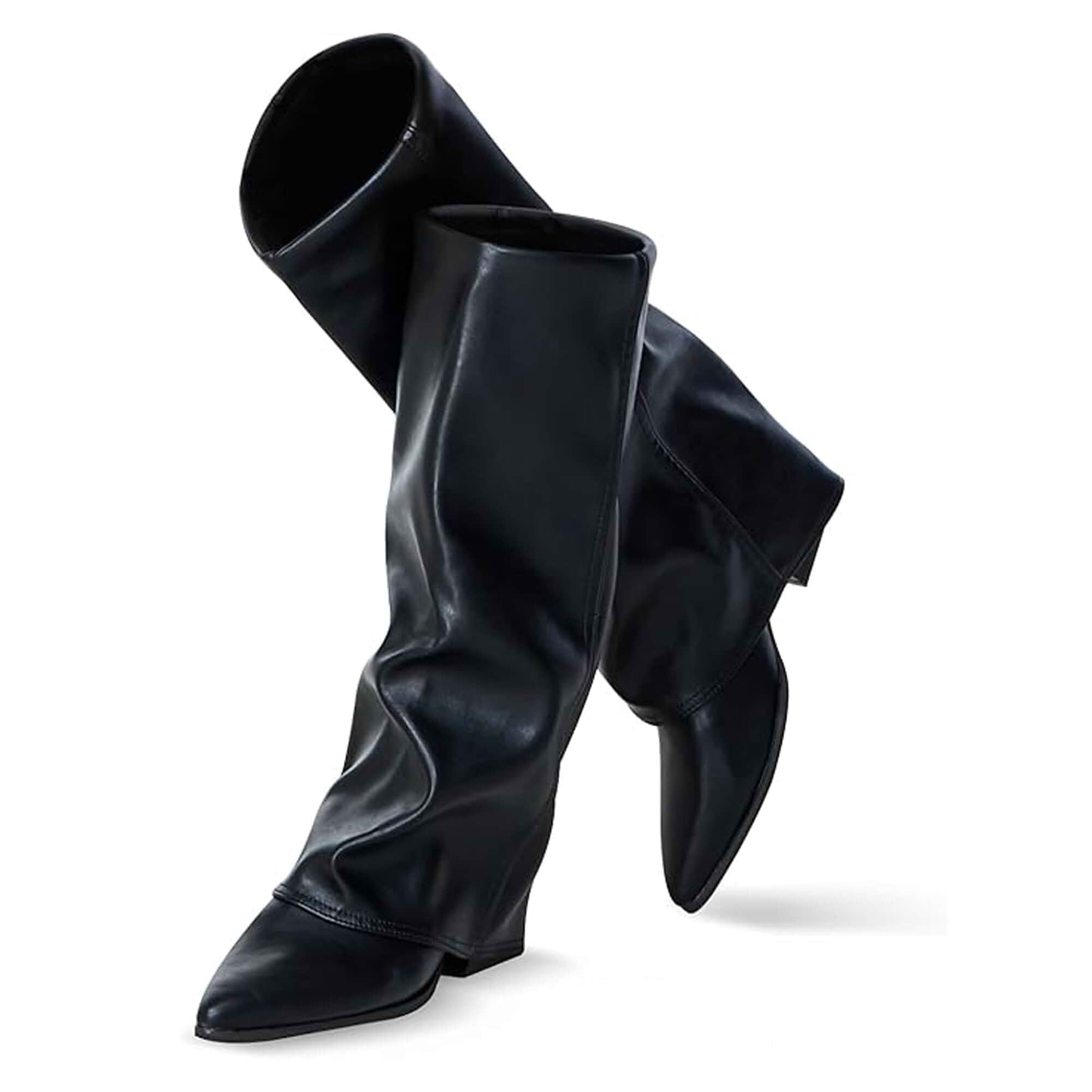Knee High Boots Women, Fold Over Shark Boots Pointed Toe block heels Wide Calf，Minimalist Street Style Faux Leather Boots for Fall & Winter
