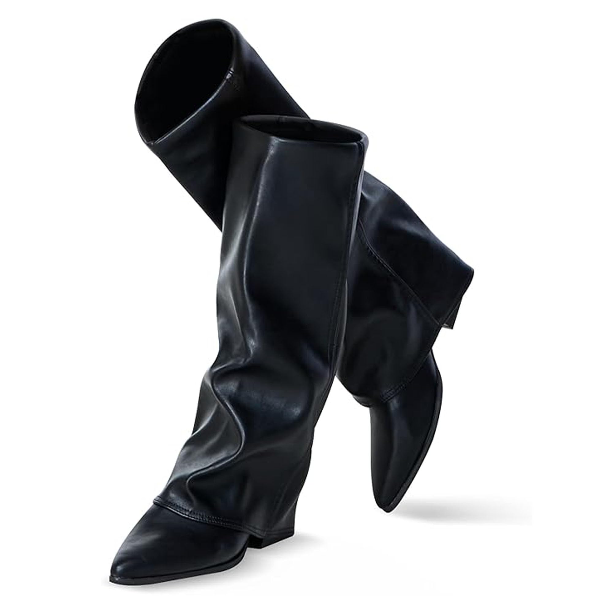 zeuhzih Knee High Boots Women, Fold Over Shark Boots Pointed Toe block heels Wide Calf，Minimalist Street Style Faux Leather Boots for Fall & Winter-picture-40