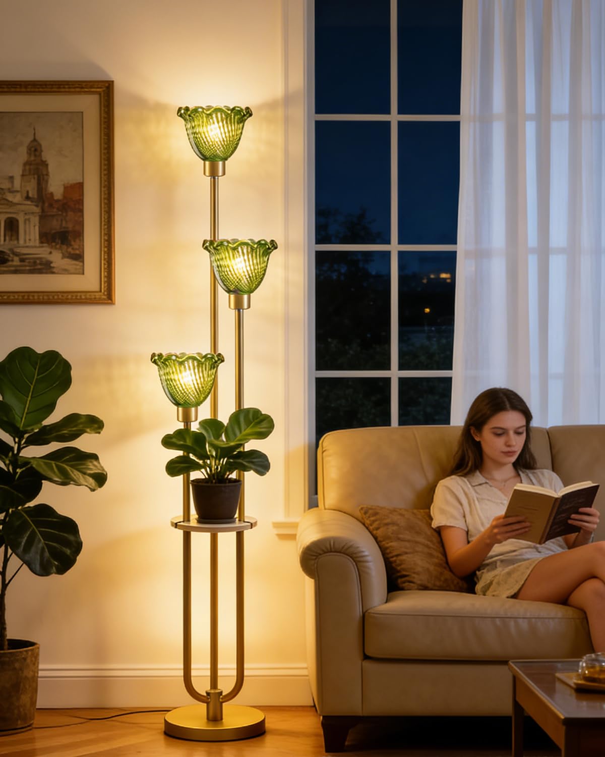 Lightdot Glass Floor Lamp for Living Room Dimmable Gold Floor Lamps with Green Glass Shade&amp; 3000K Bulbs Included 3-Lights Modern Tall Standing Lamp for Bedroom/Sofa Beside/Corner Decor