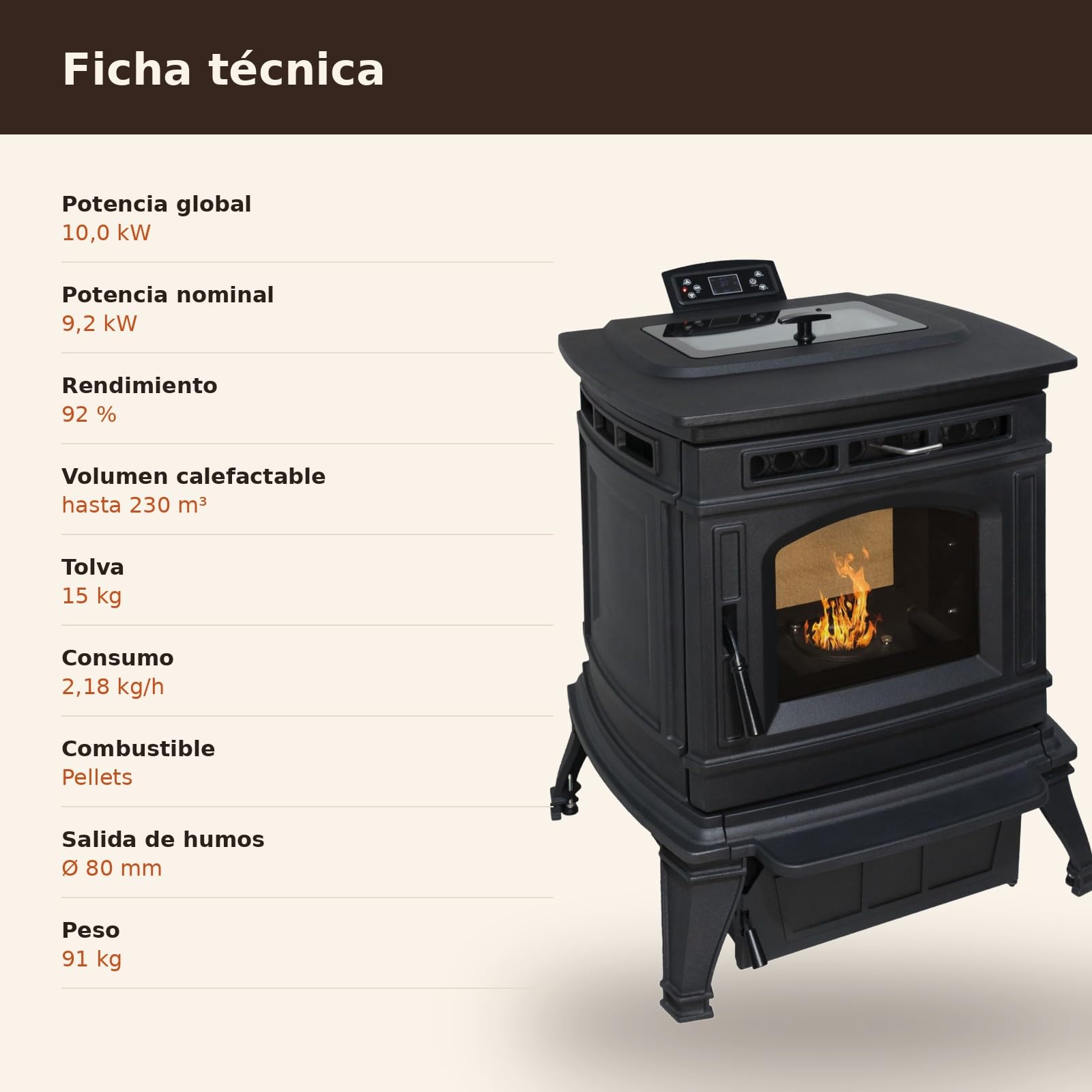 EIDER BIOMASA Estufa de Pellets MÁXIMA FUNDICIÓN – 10 kW – Cuerpo Hierro Fundido – Tolva 15 kg – Hasta 230 m³ – Programable – Encendido Rápido – Clase A+