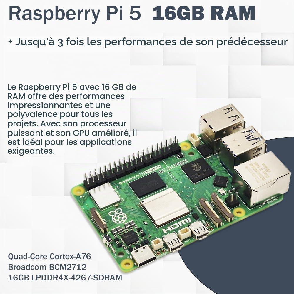 Raspberry Pi 5 16 Go PCIe M.2 NVMe - Kit | Boîtier métallique | Refroidisseur actif | Carte PCIe SSD M.2 NVMe | Alimentation USB-C 45W | Carte SD 64 Go | Câble Micro HDMI 4K | Idéal pour Home