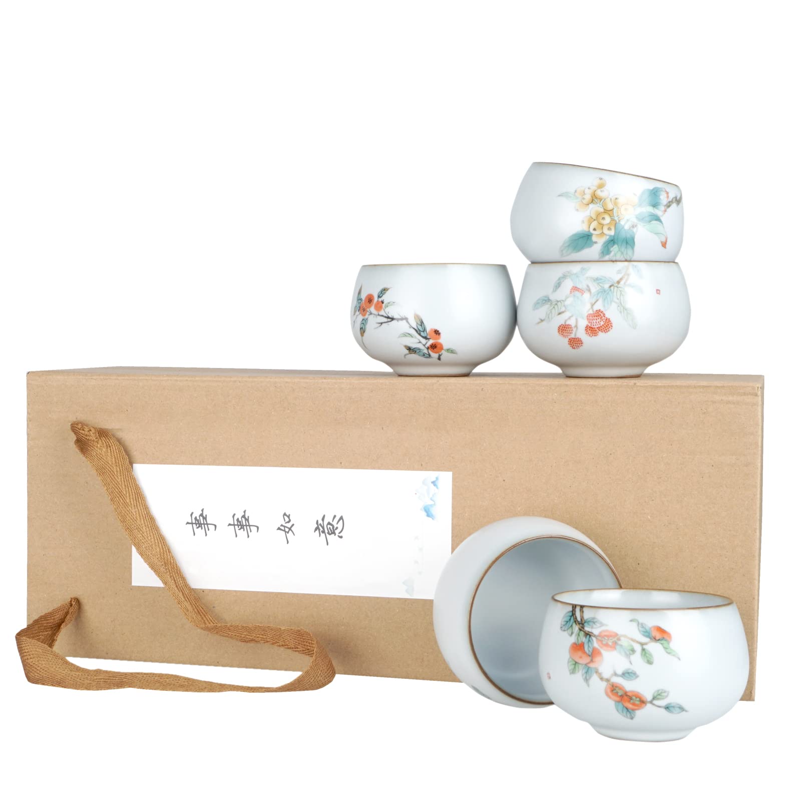 CoolChange Lot de 5 bols à thé chinois | Peint à la main avec peinture Gongbi | Céramique | Motif : arbustes fruitiers asiatiques | 120 ml