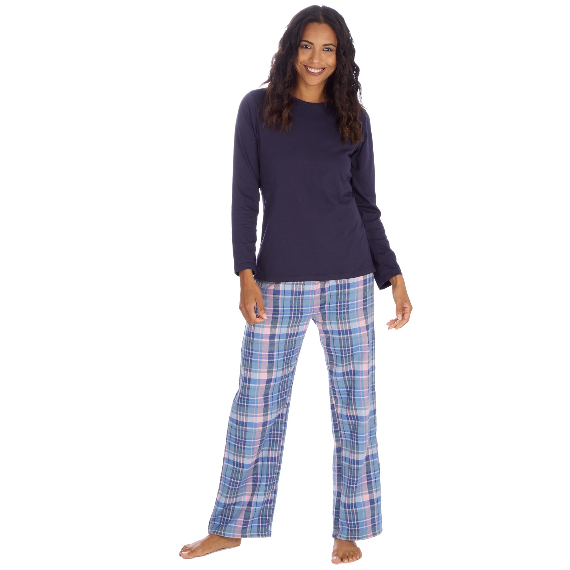 Slumber Hut Ladies Plain top with checked trousers Cotton Blend 34B2152 Pyjamas Navy Denim Check Medium