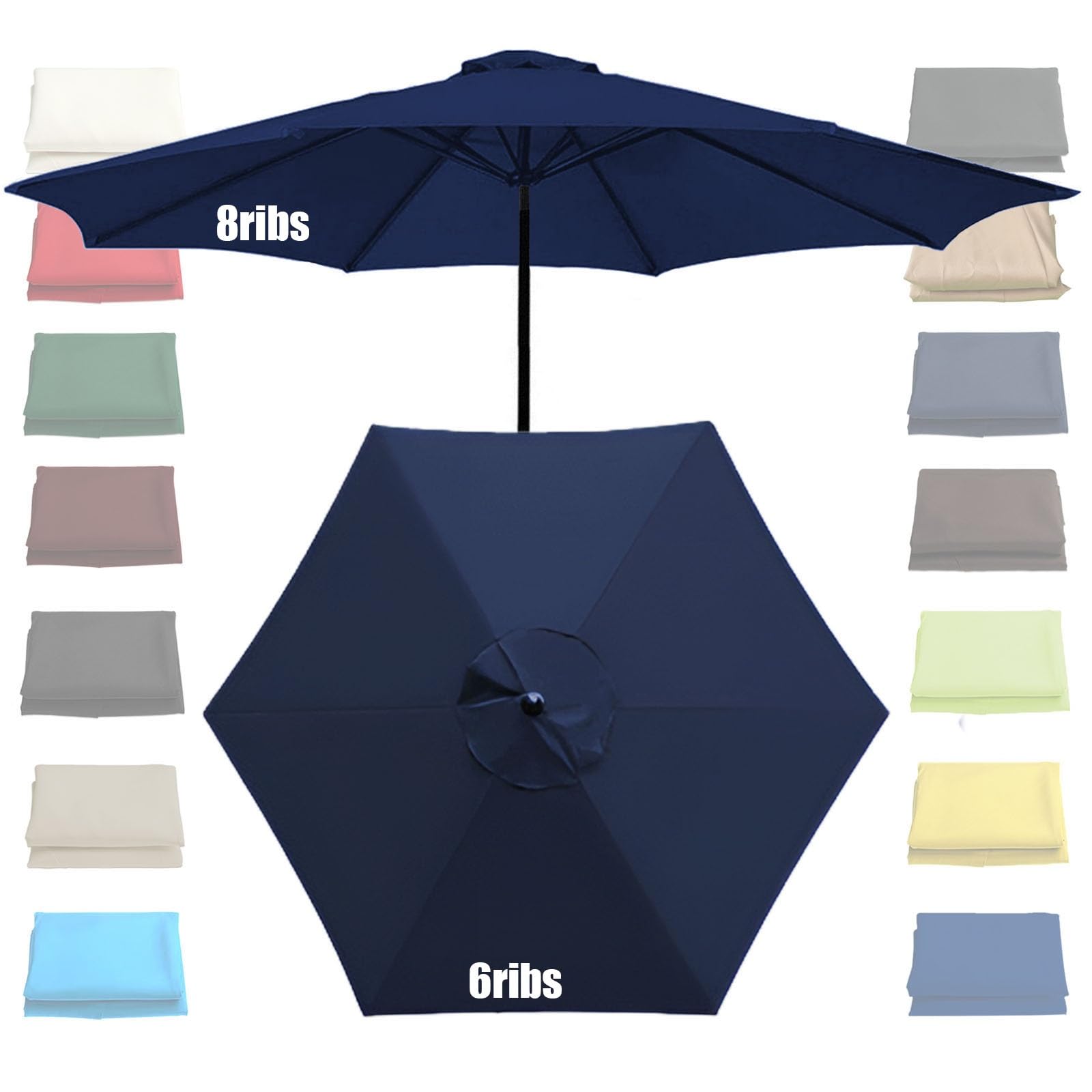GZDXBF Replacement Umbrella Canopy Top Shade Cover 200cm-6arms, 270cm/300cm-6/8arms, Market Table Umbrella Canopy(Navy blue,6 ribs-3m(9.8ft))