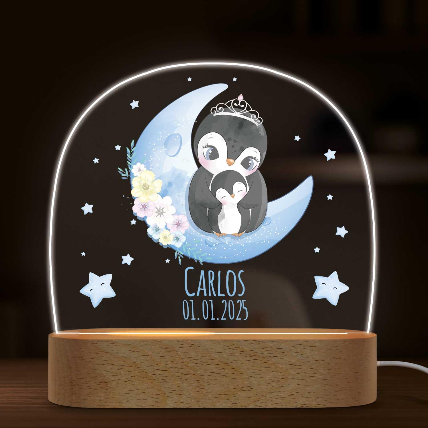 GRAVURZEILE Personalisiertes Kinder Nachtlicht - Mond Design - LED Nachttischlampe für das Kinderzimmer - Personalisierte Geschenke für Kinder & Babys - Geschenk zur Geburt - Babygeschenk - Pinguin