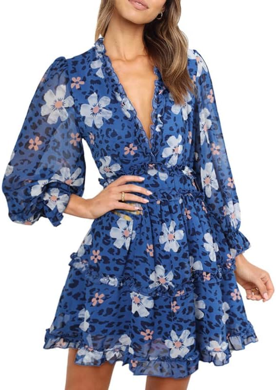 Dokotoo Womens 2023 Spring Summer Deep V Neck Ruffle Long Sleeve Floral Print Mini Dress