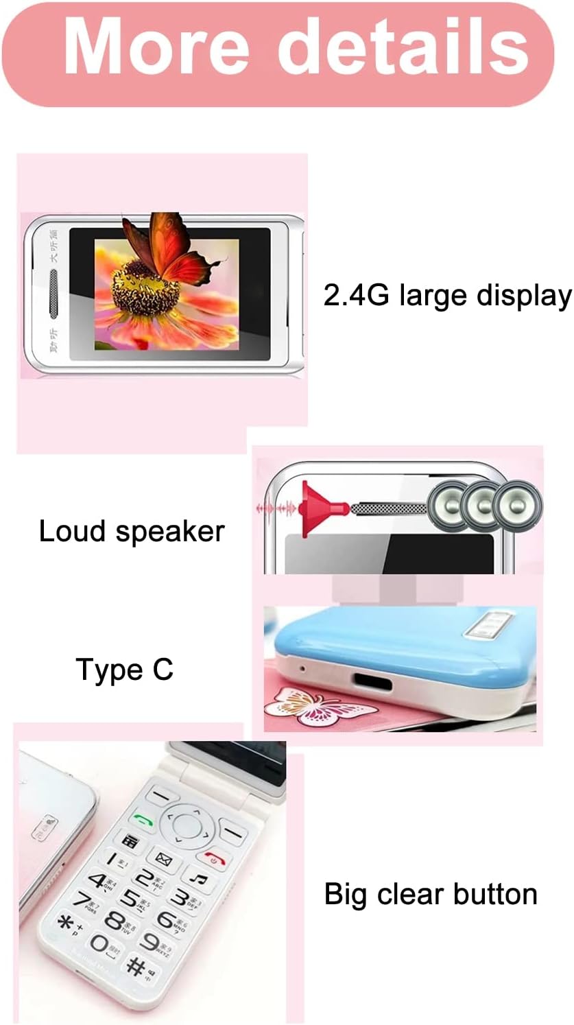 Composite image showing details of the Jectse N509 flip phone: 2.4G large display, loud speaker, and Type-C port.
