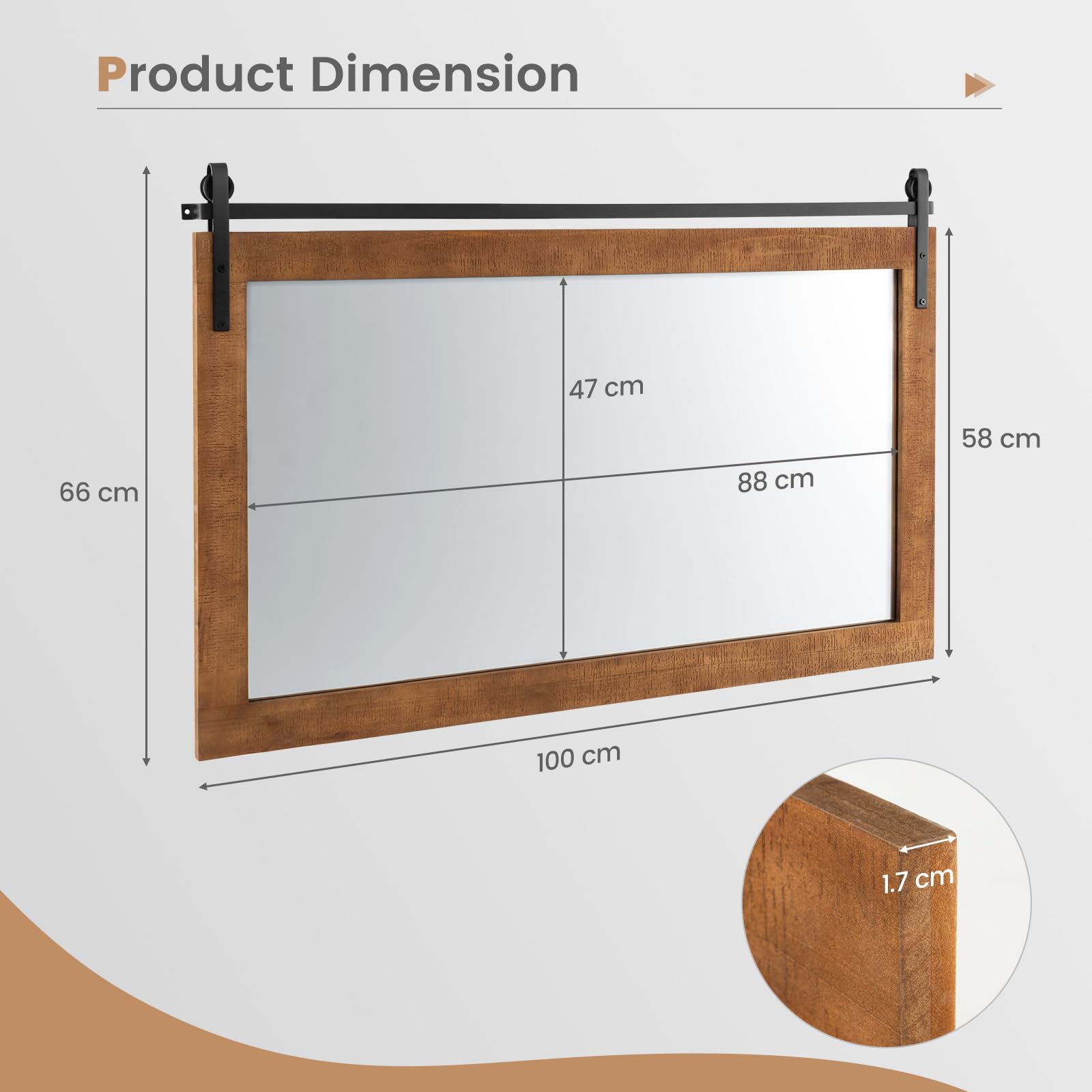 LIFEZEAL 100 X 66 CM Espejo de Pared Rústico, Rectangular Espejo de Pared con Marco de Madera Maciza, Soporte de Metal, Decoración Rústica para Sala de Estar, Entrada, Dormitorio, Baño (Amarillo)