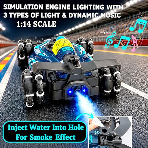 Image of VGRASSP 4WD Dual Control F1 RiseX Drift Stunt Mist Car Toy for Kids with Lights, Music - Rechargeable 360 Rotating RC Smoke Car with 2.4GHz Remote Control and Gesture Wrist Controller - Blue