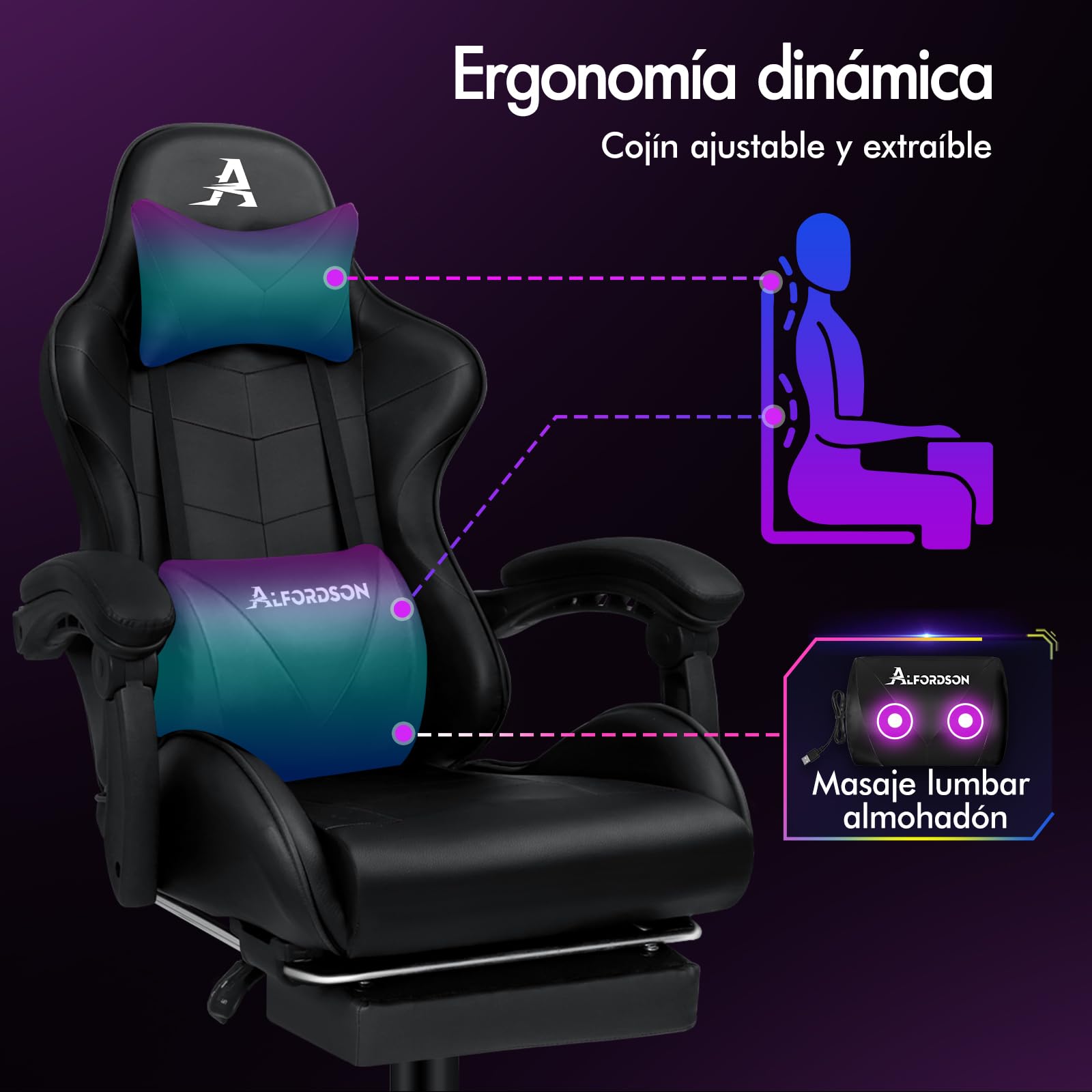 ALFORDSON Silla Gaming Profesional con Masajeador, Silla Ergonómica Gamer, Altura Regulable Silla con Apoyo Lumbar y Reposacabezas, Respaldo Inclinable hasta 150°, Giratoria de 360°, Cuero PU(Negra)