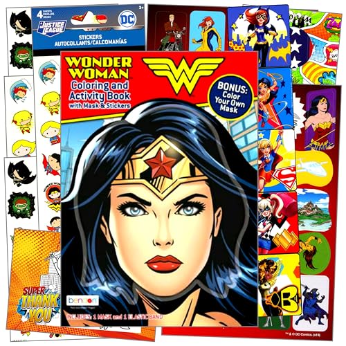 Wonder Woman Coloring Book with Stickers and 2-Sided Superhero Doorhanger Bundle