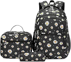 Conjunto de Mochila Escolar Feminina com Estampa de Margarida - 3 Peças com Bolsa de Almoço e Estojo de Lápis