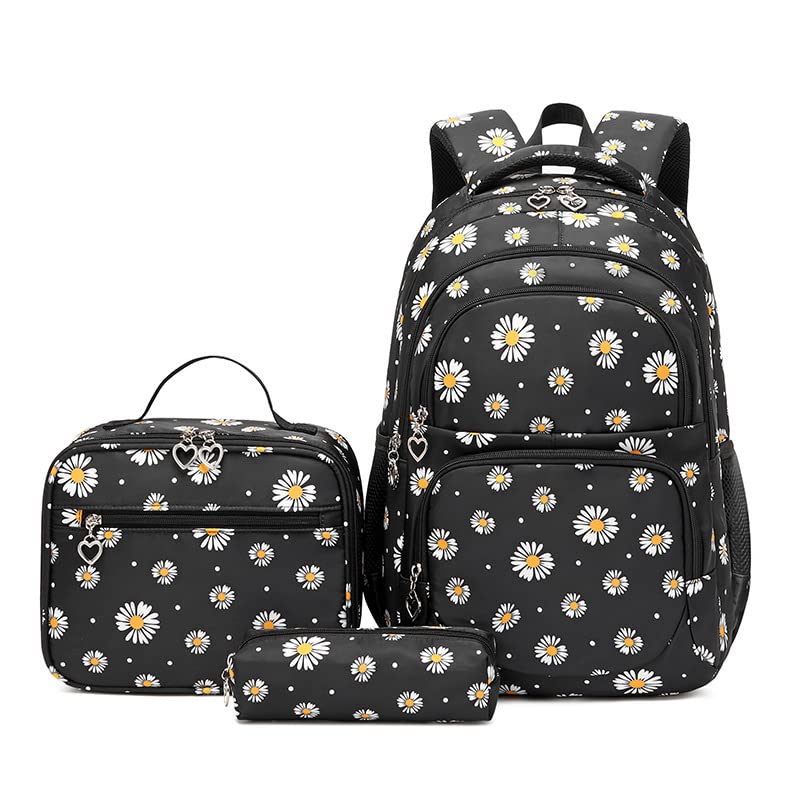 Conjunto de Mochila Escolar Feminina com Estampa de Margarida - 3 Peças com Bolsa de Almoço e Estojo de Lápis (Preto)