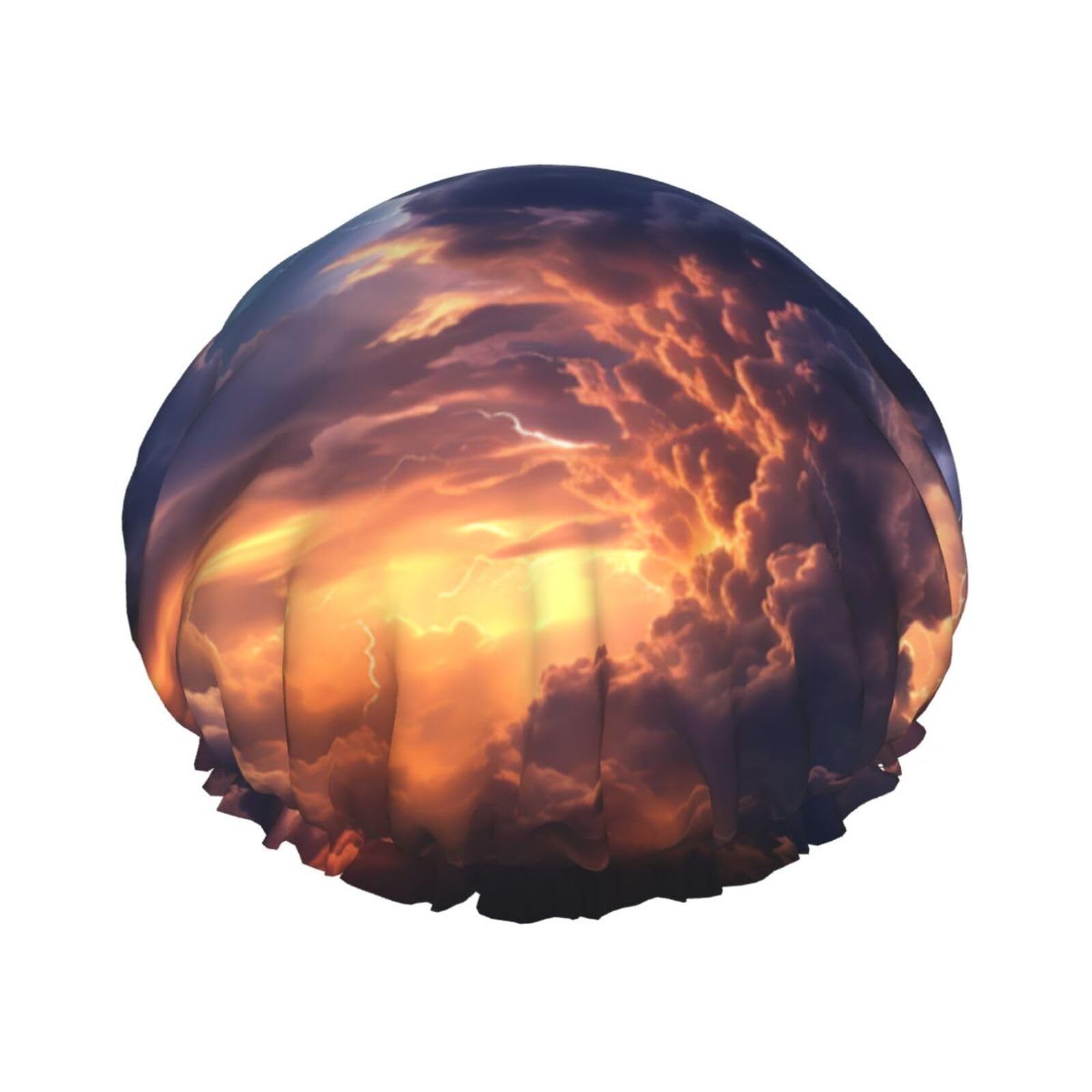 Clouds and lightning Shower Cap for Women Reusable Waterproof Shower Bonnet Washable Elastic Band Bath Hair Hat Double Layered Bath Cap Extra Large for Long Hair