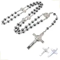 Terço Hematita 6mm Inox São Bento Prateado 56cm Rosário com Crucifixo Dupla Face em Aço Inox – Medalhas Religiosas de Proteção e Fé – Corrente 41cm + Pêndulo 15cm – Design Clássico e Durável