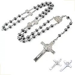 Terço Hematita 6mm Inox São Bento Prateado 56cm Rosário com Crucifixo Dupla Face em Aço Inox – Medalhas Religiosas de Proteção e Fé – Corrente 41cm + Pêndulo 15cm – Design Clássico e Durável