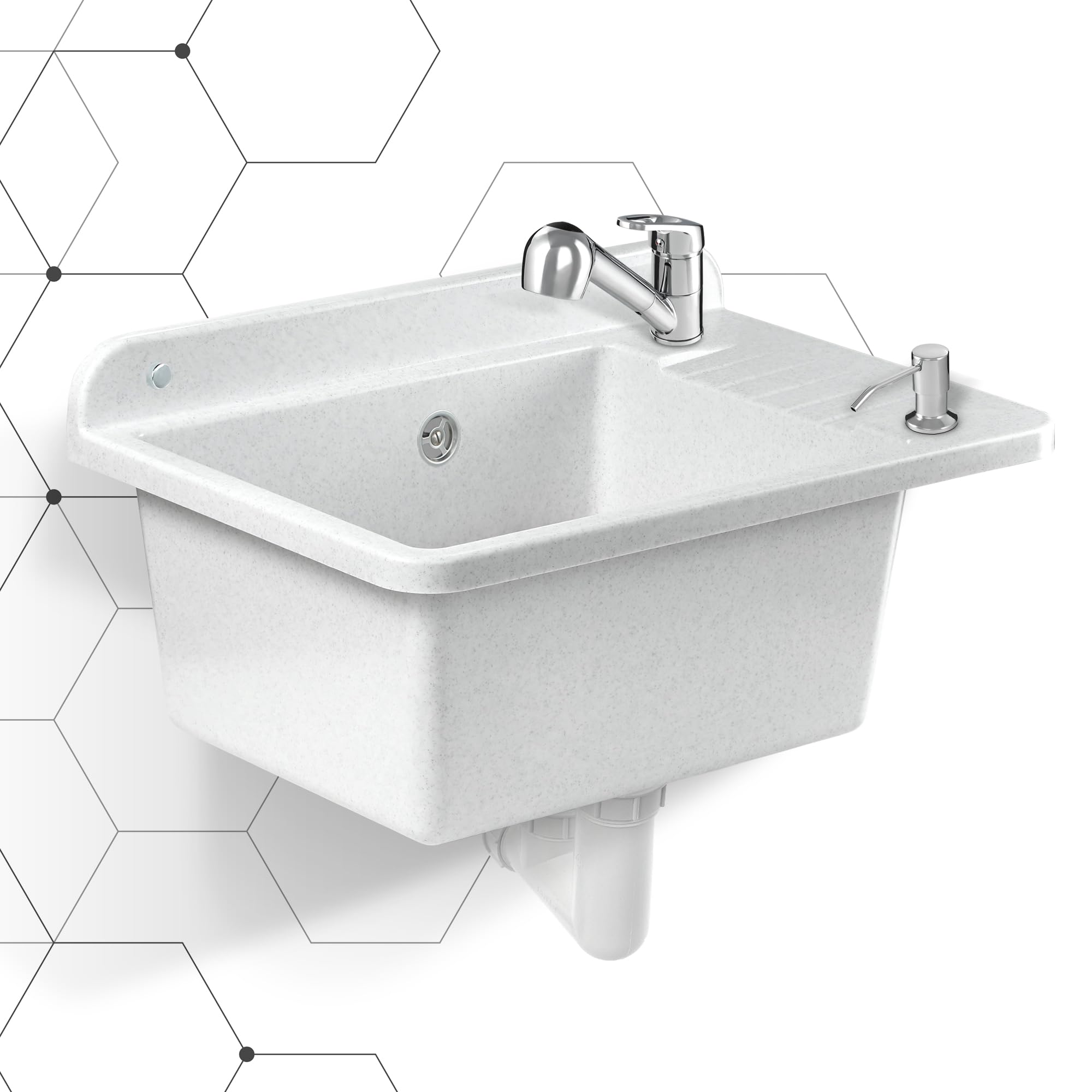 KADAX GOSPO Bac de lavabo en polypropylène, 50,5 x 34 x 26,5 cm, évier avec robinet, siphon, distributeur de savon, lavabo, évier de ménage (Blanc)