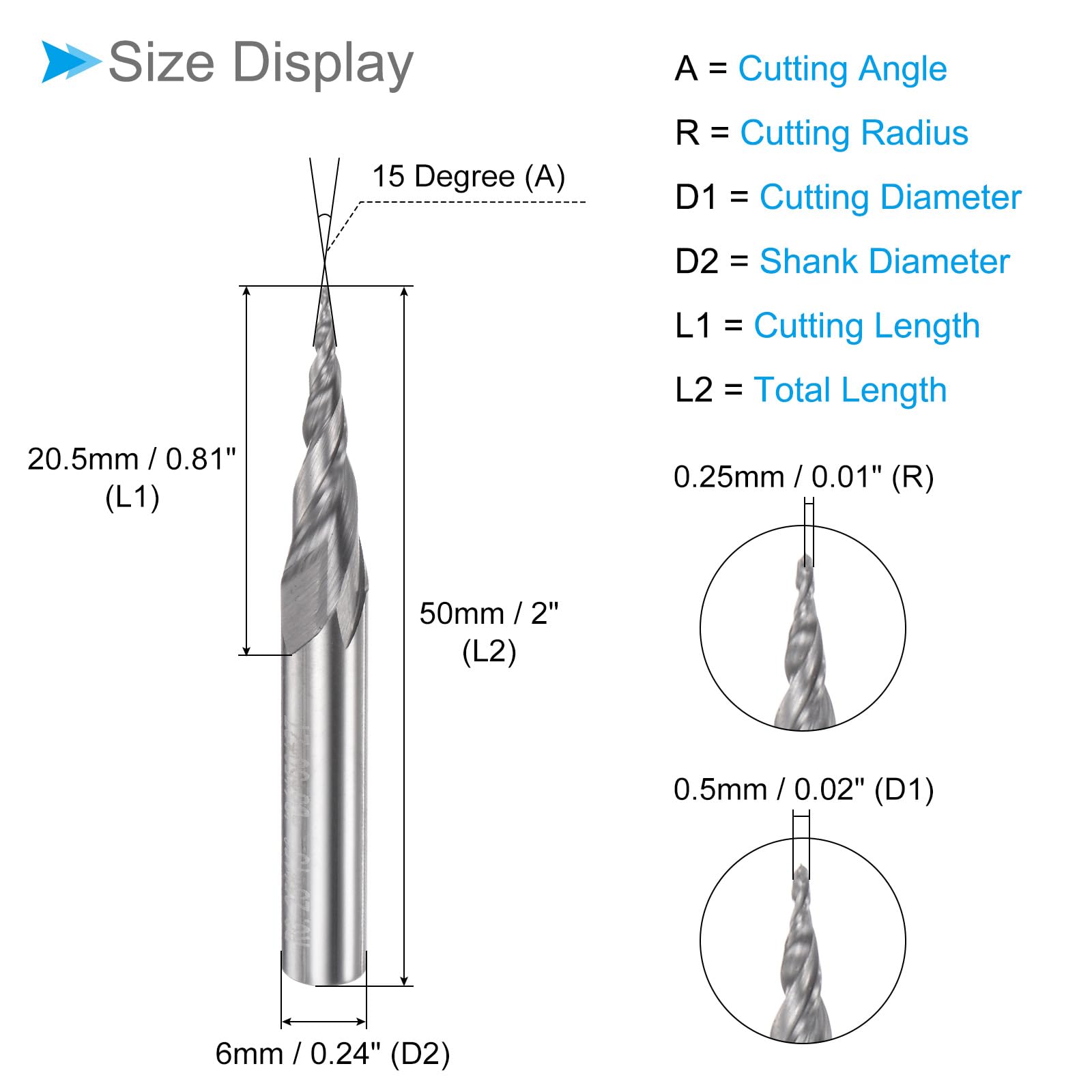 Fraise à Bout Sphérique Conique, Rayon de 0,25 mm, Queue de 6 mm, Angle de 15 Degrés, Carbure Micro-Grain 2 Flûtes, Fraiseuse CNC - (Applications : Acier Inoxydable, Aluminium)