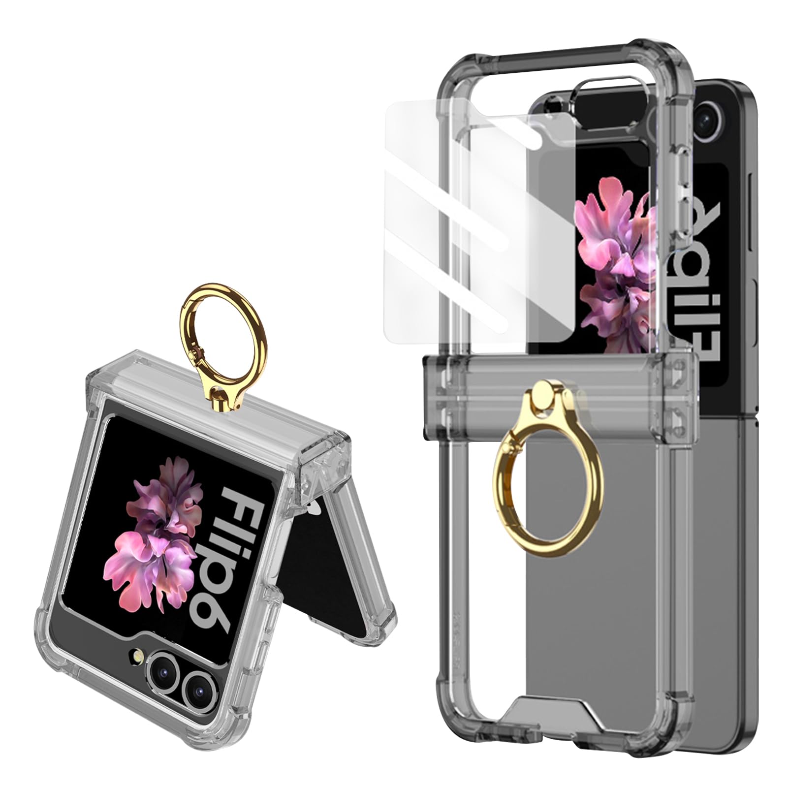 for Samsung Galaxy Z Flip 6 Clear Case Luxury Hinge Protection with Ring Holder & Screen Protector Soft All-Inclusive Shockproof Cover (Black)