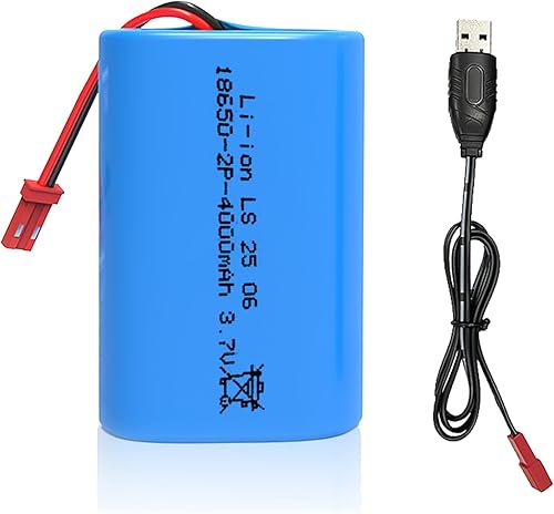 Batería recargable de iones de litio de 3.7V 4000mAh (1S2P), enchufe JST 2Pin Baterías de iones de litio de 3.7 voltios con cable de cargador USB,