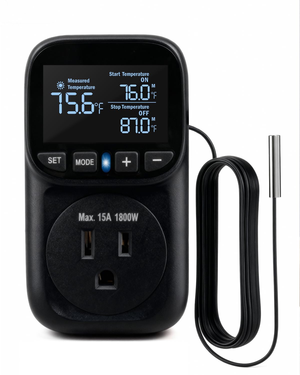 Temperature Controlled Outlet, Heavy Duty 15A 1800W Heating Cooling Thermostat Plug Outlet, -40℉~210℉ LCD Display Plug in Thermostat for Heater Greenhouse Incubator Homebrew Heat Lamp