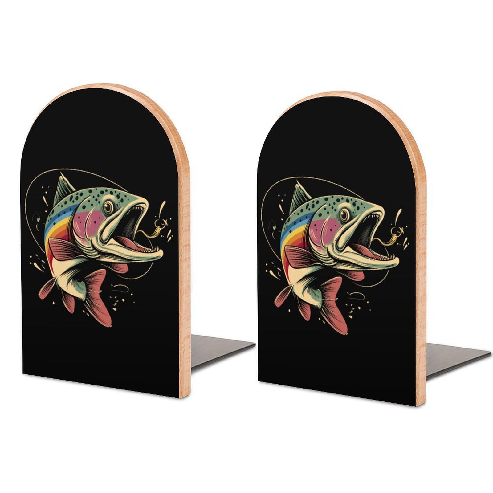 Largemouth Bass Rainbow Trout Book Ends Wood Non-Slip Books Stand Book Holders Book Stopper Organizer for Shelves Home Office