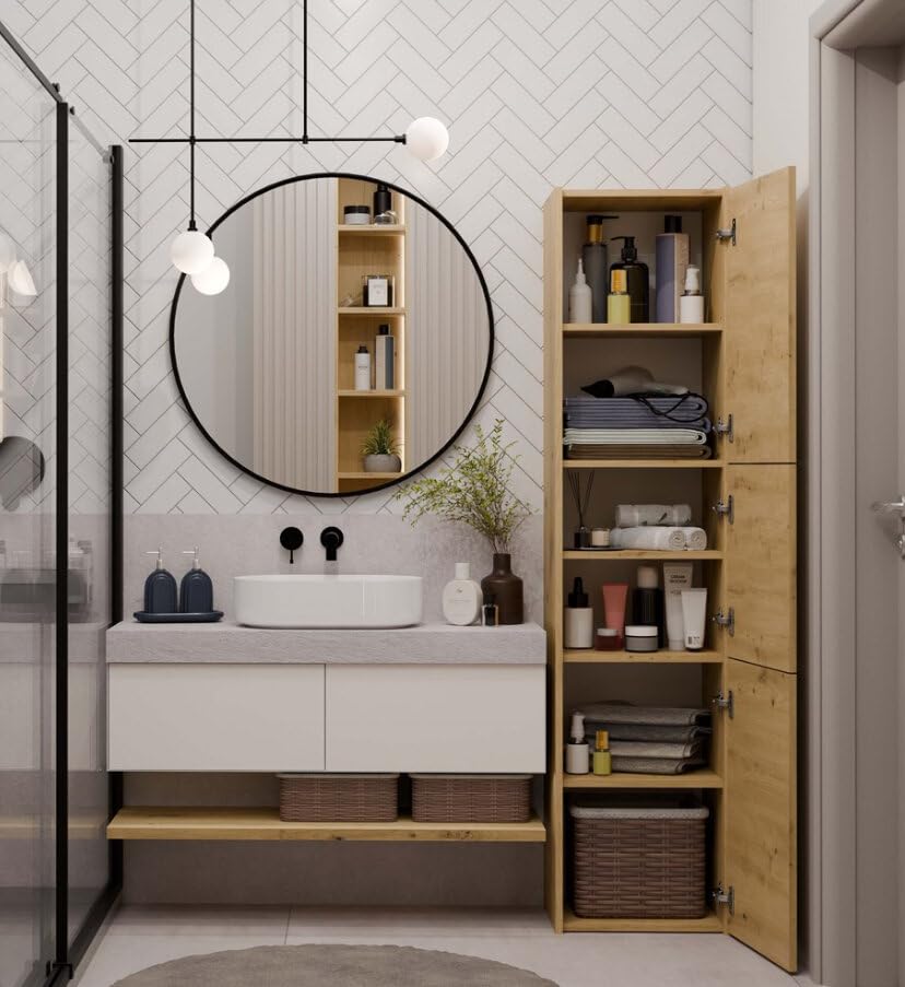 BDW - Armario de Baño Corredera - Armario de Baño Alto - 170x40x30 cm - 3 x Puertas con Tiradores, amplios estantes en el Centro, Lado de Apertura de la Puerta Seleccionable - Roble Artesano