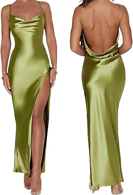 Abito in Raso Lungo Elegante Donna Senza Maniche con Spacco Alto - Vestito Estivo Sexy